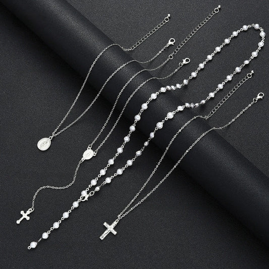 Boho Multi Layer Chain Silver Color Pearl Necklace Women Hip Hop Jesus Cross Pendant Necklace Set Party Neck Jewelry 