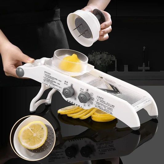 Multifunctional Kitchen Tool: Lemon Slicer, Vegetable Grater & V-Blade Chopper for Fruits, Potatoes – Includes Storage Basket