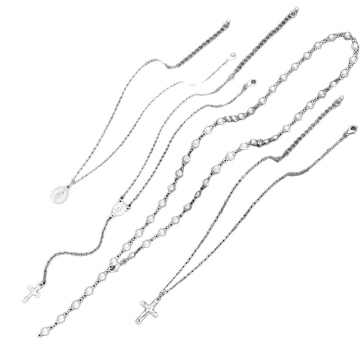 Boho Multi Layer Chain Silver Color Pearl Necklace Women Hip Hop Jesus Cross Pendant Necklace Set Party Neck Jewelry 