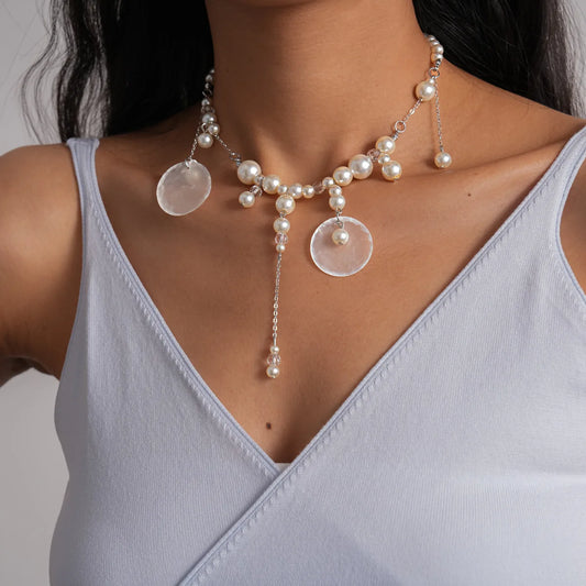 Boho Coin Pearl Necklace – Layered Imitation Pearl Bib Necklace with Disc Charms, Vintage Statement Jewelry for Women