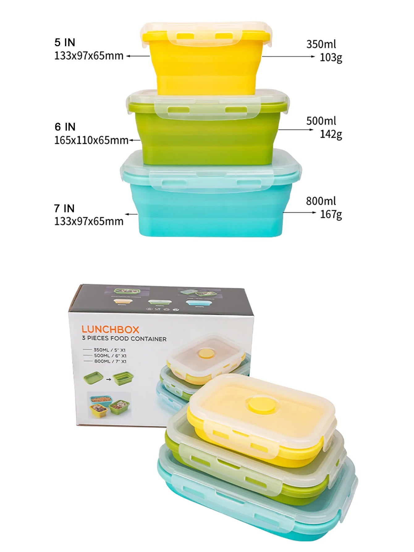 3 Pack Collapsible Silicone Food Storage Container, Lunch Boxes with Clip-on Lid, Stackable, Space Saving, Dishwasher Safe