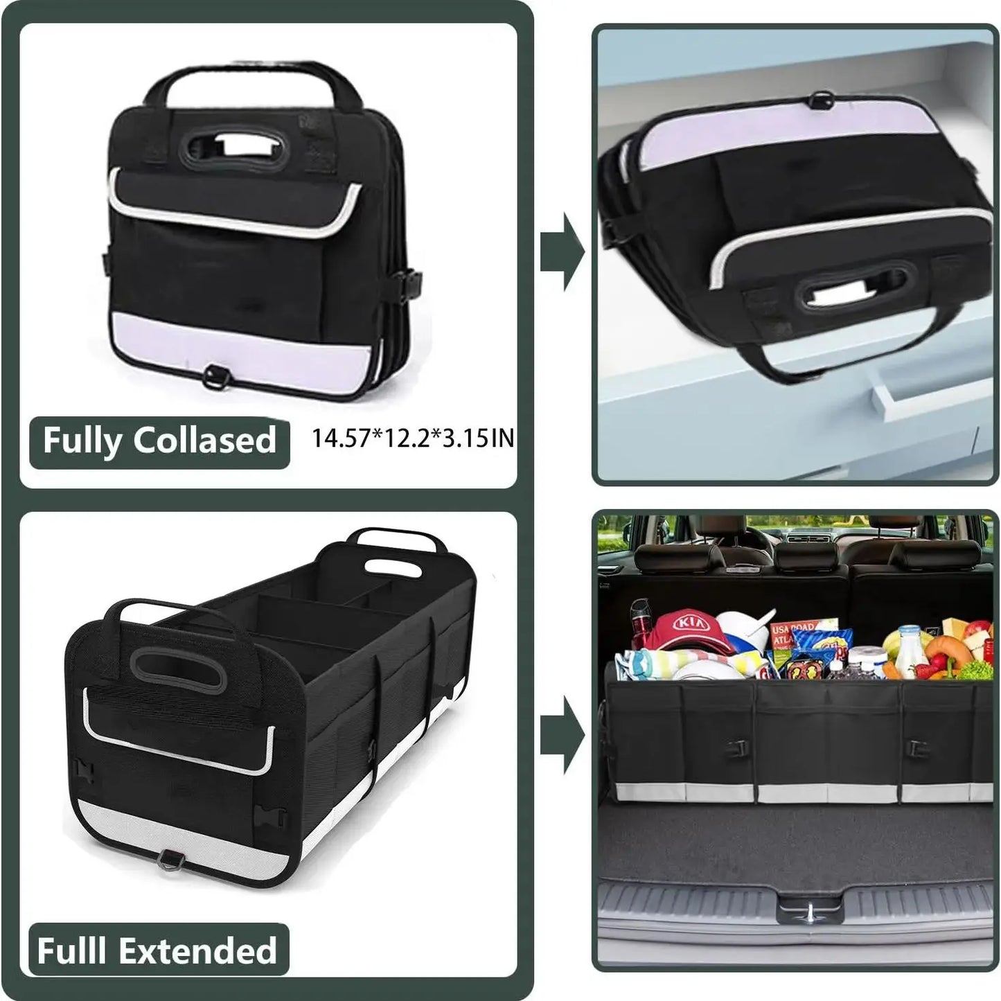 Trunk Organizer for Car, 95L Large Capacity Storage with Non-Slip Bottom Strips and 2 Retractable Straps