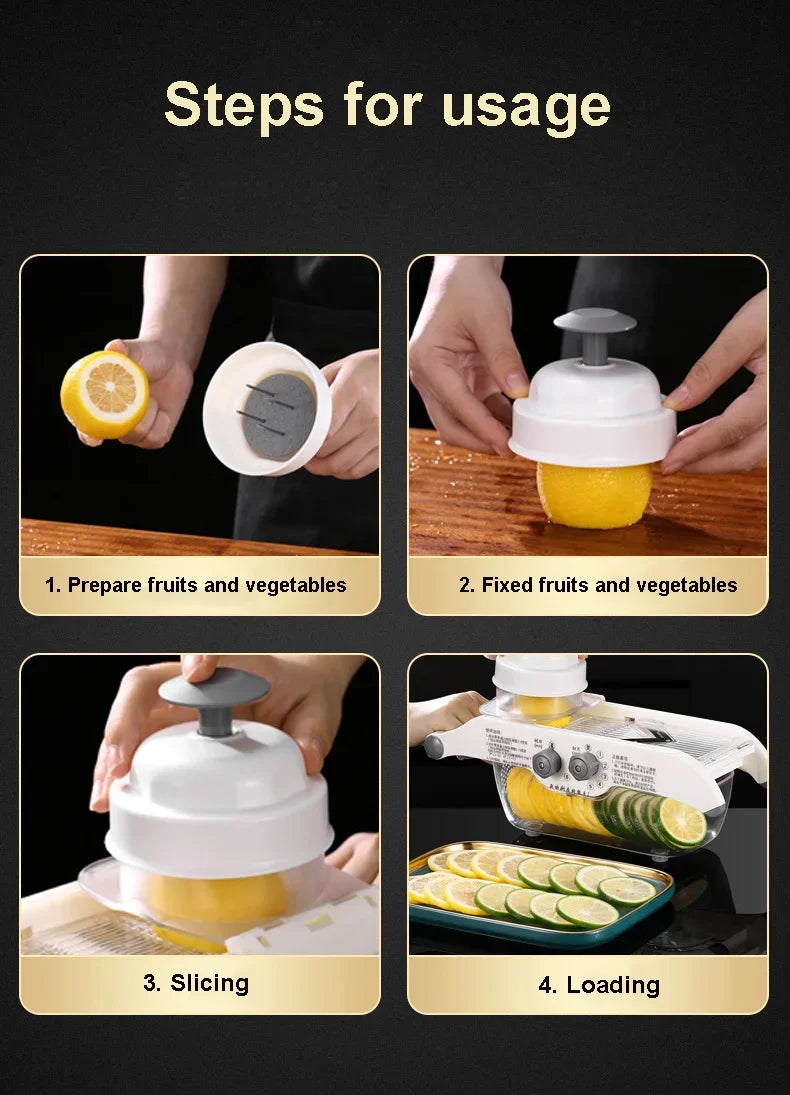 ‌Multifunctional Kitchen Tool: Lemon Slicer, Vegetable Grater & V-Blade Chopper for Fruits, Potatoes – Includes Storage Basket‌