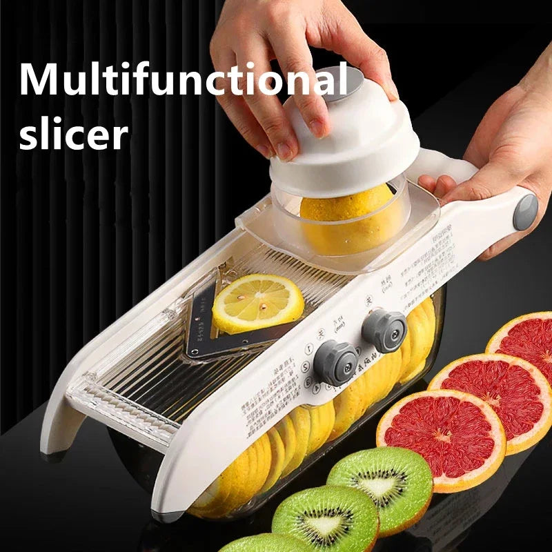 ‌Multifunctional Kitchen Tool: Lemon Slicer, Vegetable Grater & V-Blade Chopper for Fruits, Potatoes – Includes Storage Basket‌