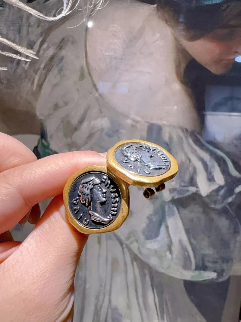 Vintage Style Gold Plated Ancient Coins Stud Earrings For Woman Round Button Shape Luxury Quality Jewelry Designer Gift 2026
