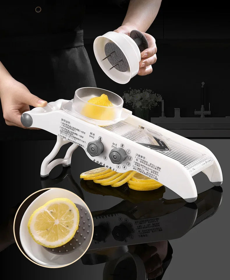 ‌Multifunctional Kitchen Tool: Lemon Slicer, Vegetable Grater & V-Blade Chopper for Fruits, Potatoes – Includes Storage Basket‌