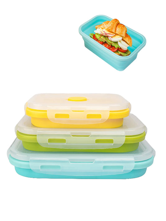 3 Pack Collapsible Silicone Food Storage Container, Lunch Boxes with Clip-on Lid, Stackable, Space Saving, Dishwasher Safe
