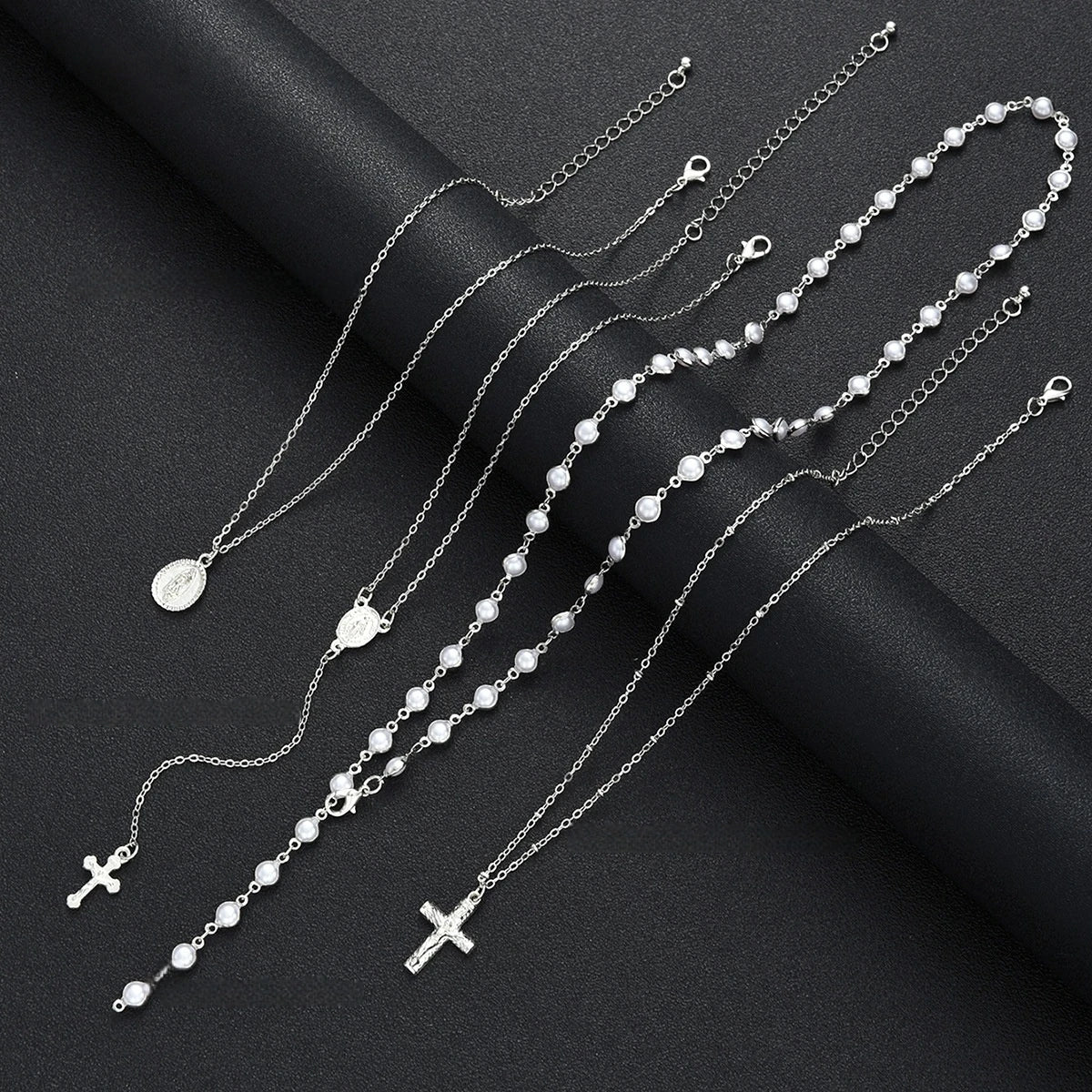 Boho Multi Layer Chain Silver Color Pearl Necklace Women Hip Hop Jesus Cross Pendant Necklace Set Party Neck Jewelry ﻿