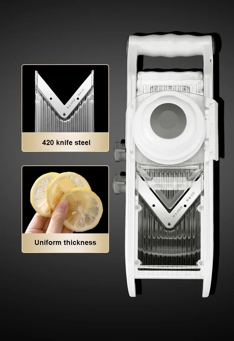 ‌Multifunctional Kitchen Tool: Lemon Slicer, Vegetable Grater & V-Blade Chopper for Fruits, Potatoes – Includes Storage Basket‌