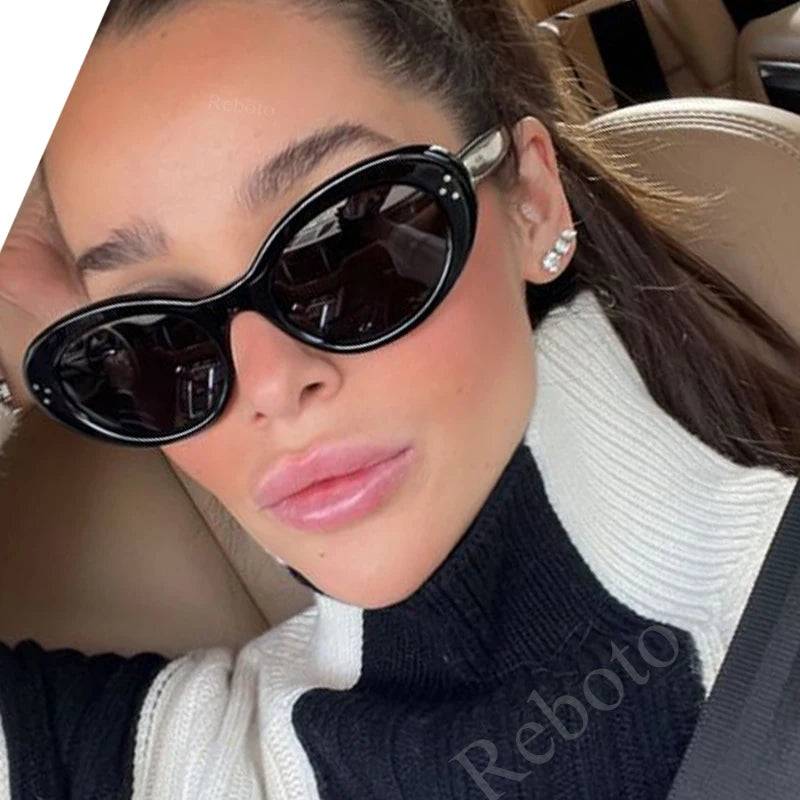 Trendy Oval Sunglasses For Women 2024 Summer Black Shades Sunglasses Womens Brand Designer Fashion Luxury Glasses Eyewear UV400