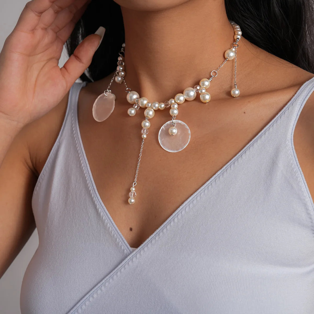 Boho Coin Pearl Necklace – Layered Imitation Pearl Bib Necklace with Disc Charms, Vintage Statement Jewelry for Women