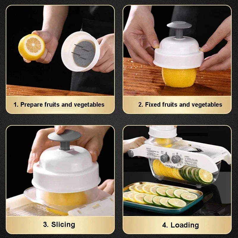 ‌Multifunctional Kitchen Tool: Lemon Slicer, Vegetable Grater & V-Blade Chopper for Fruits, Potatoes – Includes Storage Basket‌