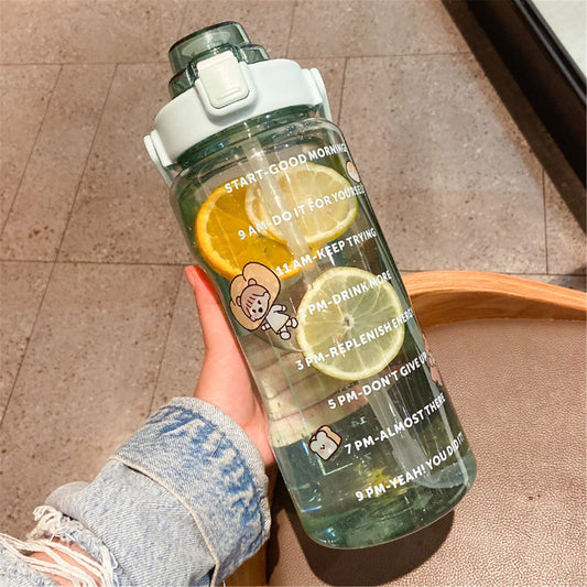 2000ml Large Capacity Sports Water Bottle Portable Water Bottle For Outdoor Commuting Includes Stickers Straw Leak-Proof Design