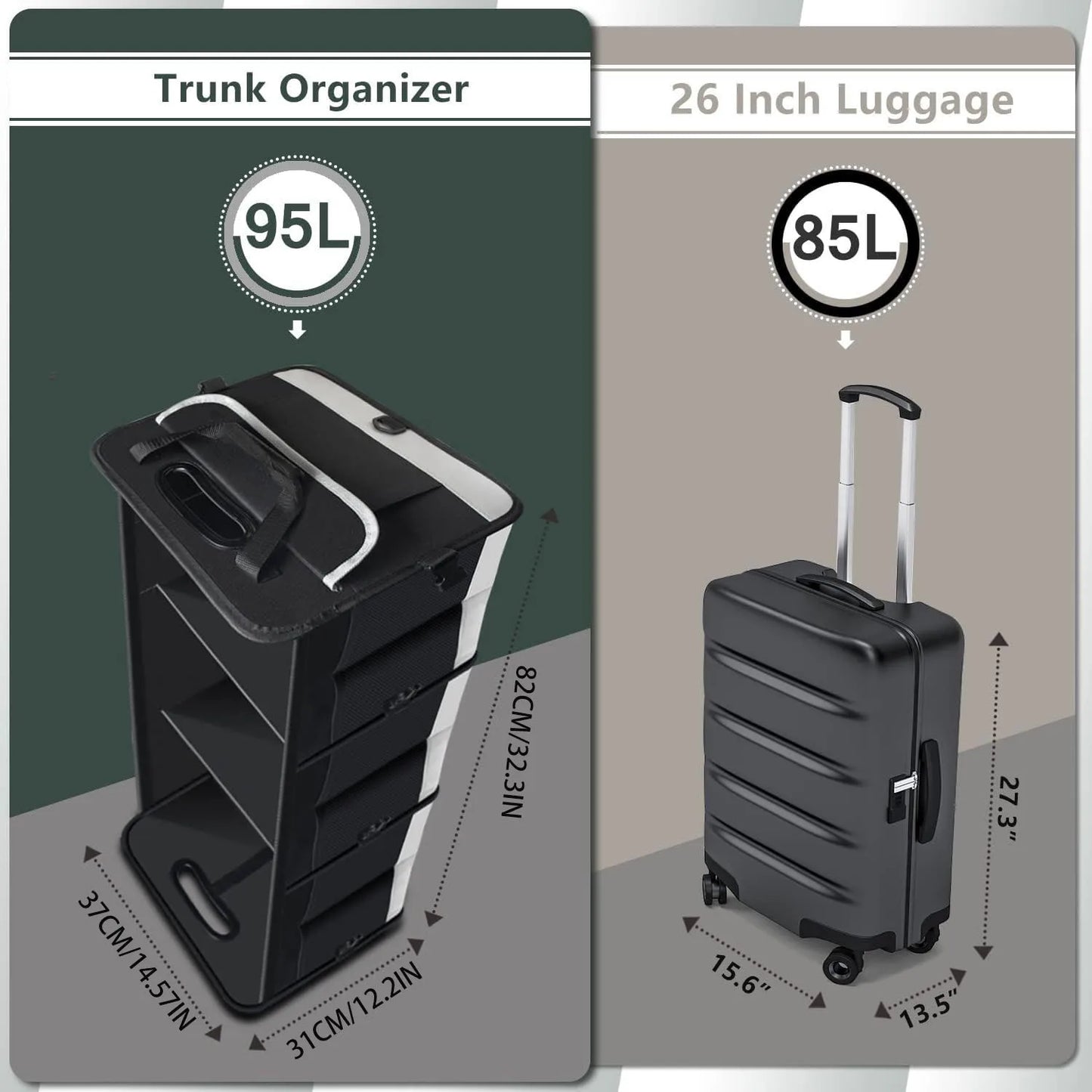 Trunk Organizer for Car, 95L Large Capacity Storage with Non-Slip Bottom Strips and 2 Retractable Straps