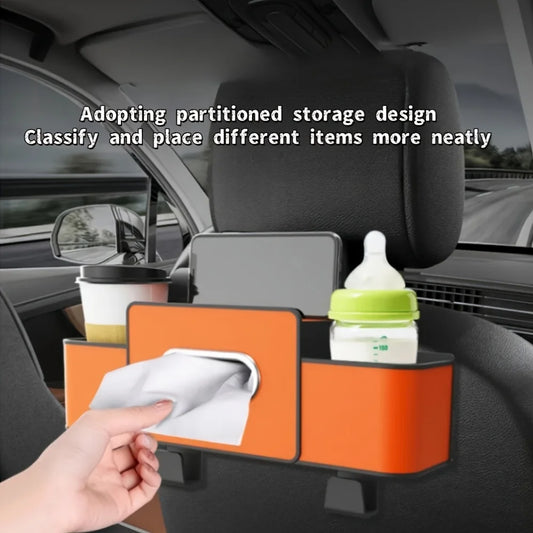 Car Seat Organizer with ABS Box & Tissue Holder. Double Storage for Snacks/Drinks. Easy Install, Durable Resin for All Cars.