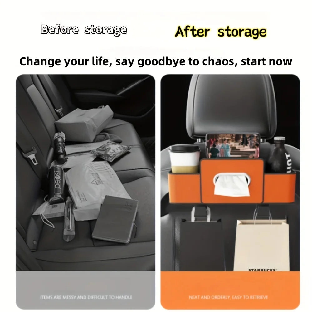 Car Seat Organizer with ABS Box & Tissue Holder. Double Storage for Snacks/Drinks. Easy Install, Durable Resin for All Cars.