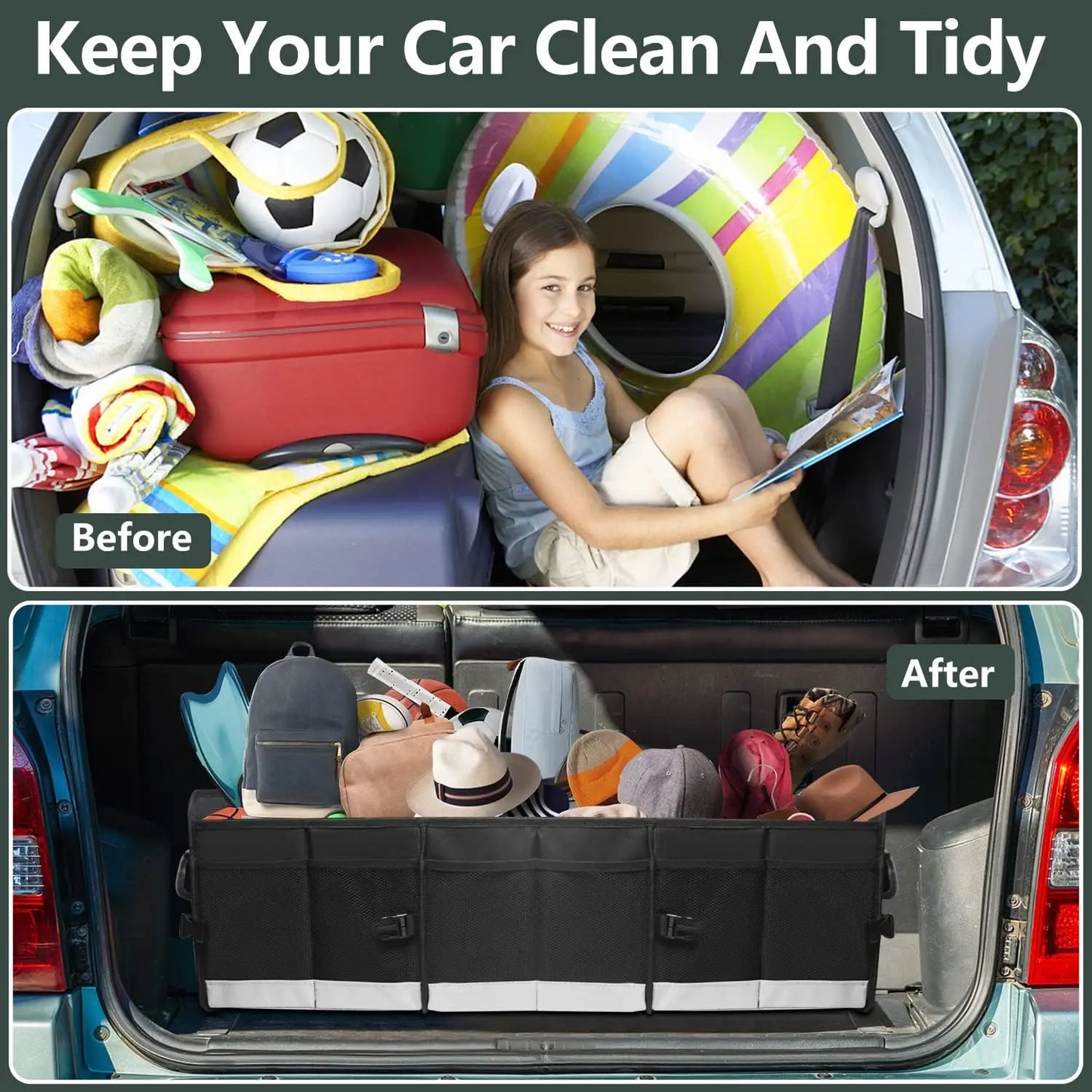 Trunk Organizer for Car, 95L Large Capacity Storage with Non-Slip Bottom Strips and 2 Retractable Straps