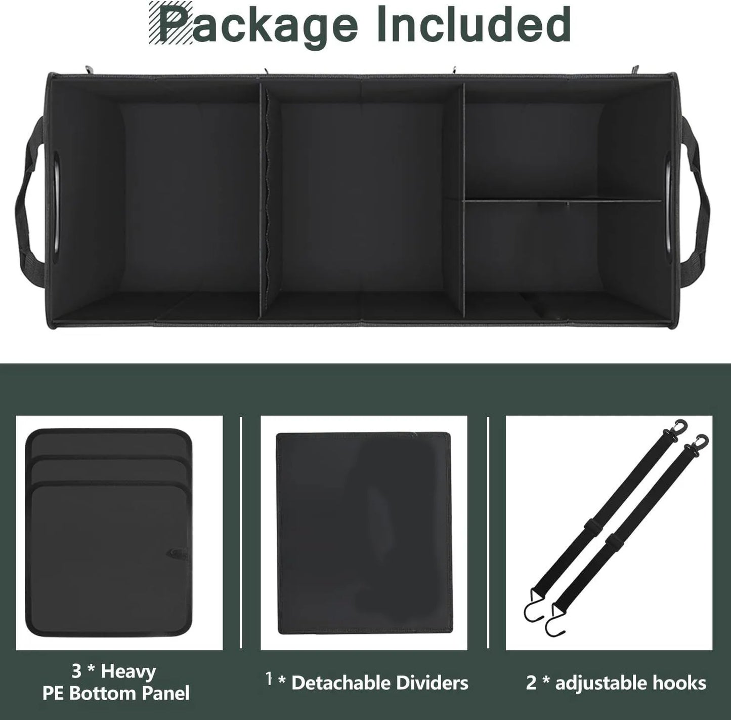 Trunk Organizer for Car, 95L Large Capacity Storage with Non-Slip Bottom Strips and 2 Retractable Straps