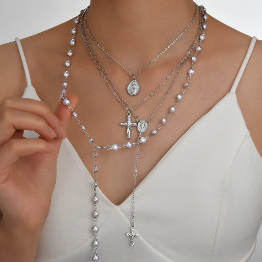 Boho Multi Layer Chain Silver Color Pearl Necklace Women Hip Hop Jesus Cross Pendant Necklace Set Party Neck Jewelry ﻿