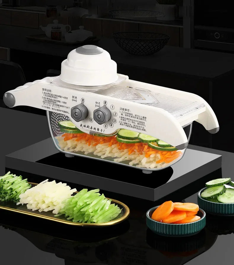 ‌Multifunctional Kitchen Tool: Lemon Slicer, Vegetable Grater & V-Blade Chopper for Fruits, Potatoes – Includes Storage Basket‌