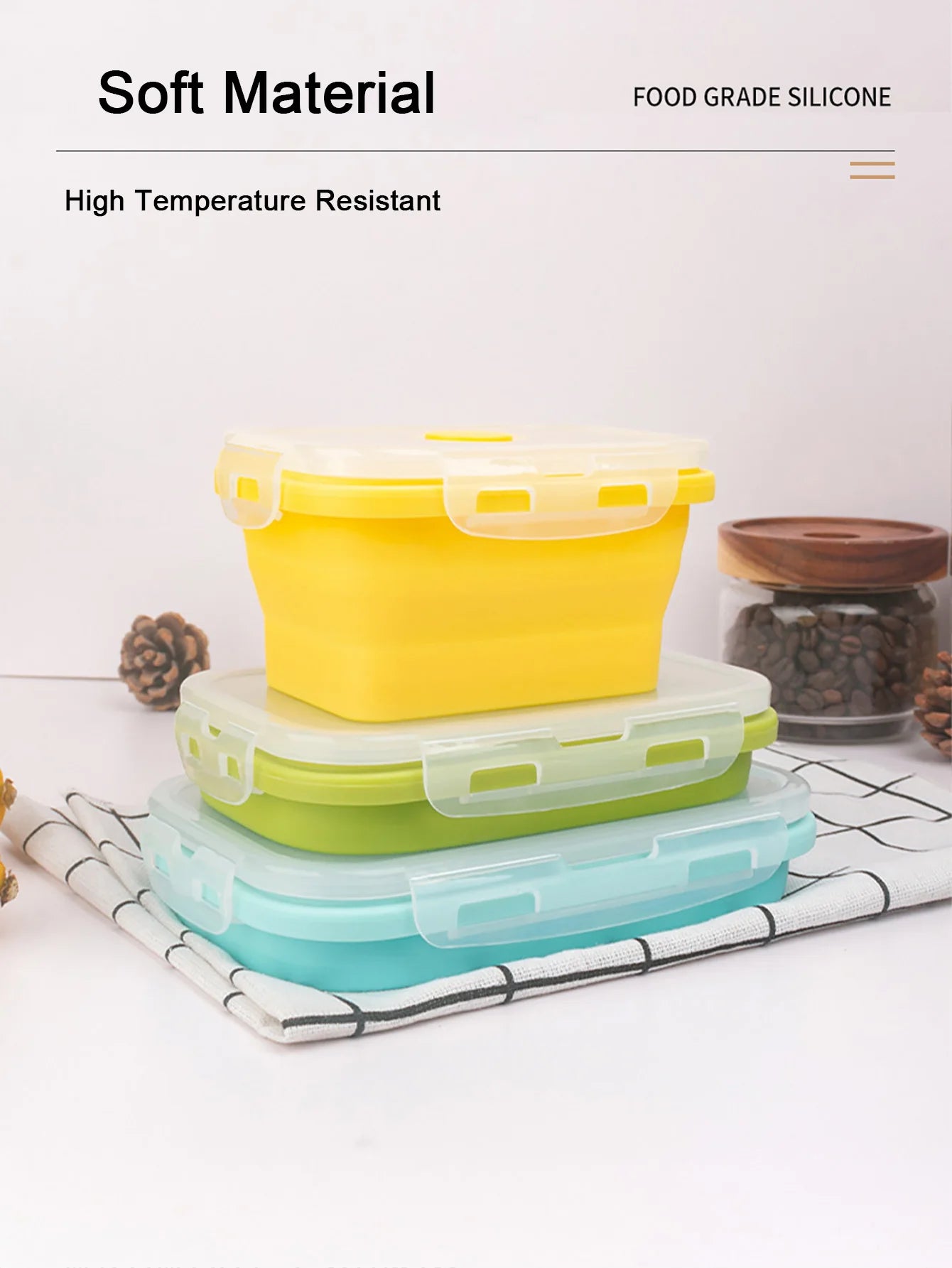 3 Pack Collapsible Silicone Food Storage Container, Lunch Boxes with Clip-on Lid, Stackable, Space Saving, Dishwasher Safe