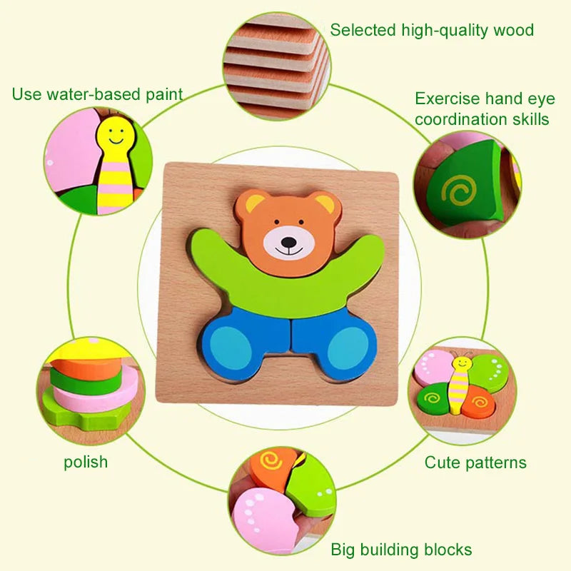 Wooden Puzzle Toy Montessori Carton Colorful Learning Education Toys Jigzaw Shape Cognitive Wood for Children Kids Gift TMZ