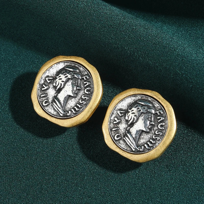 Vintage Style Gold Plated Ancient Coins Stud Earrings For Woman Round Button Shape Luxury Quality Jewelry Designer Gift 2026