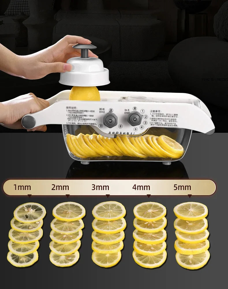 ‌Multifunctional Kitchen Tool: Lemon Slicer, Vegetable Grater & V-Blade Chopper for Fruits, Potatoes – Includes Storage Basket‌