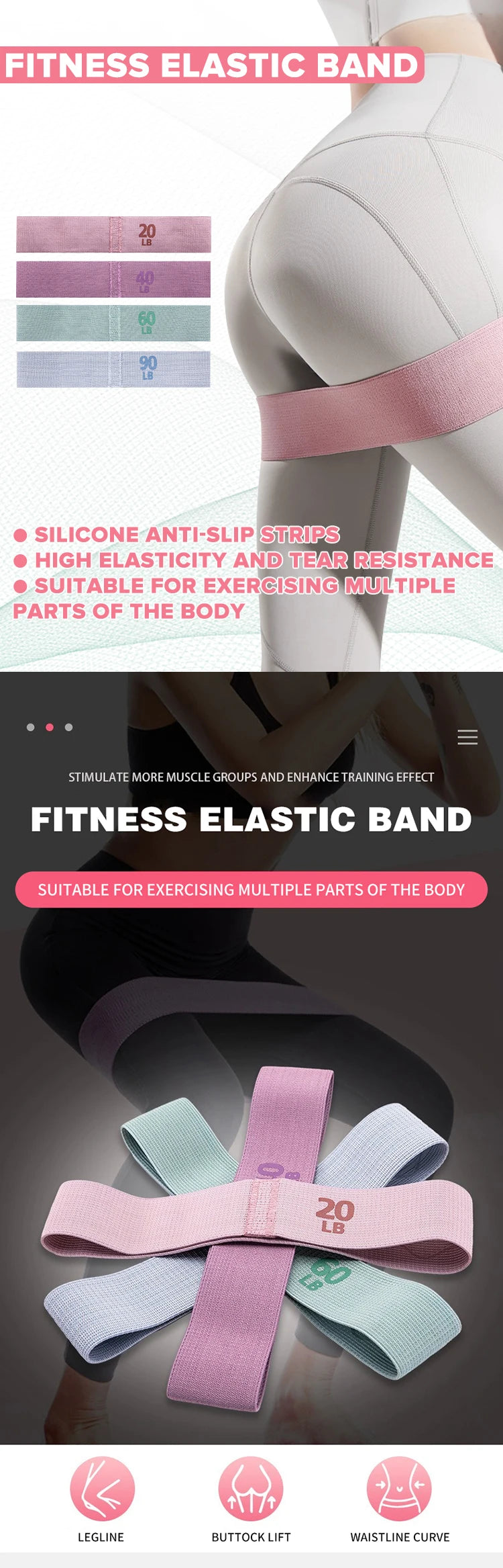 Yoga Resistance Bands Polyester Material Stretch Bands for Fitness Squats and Butt Exercises 4 Resistance Levels 20-90LB