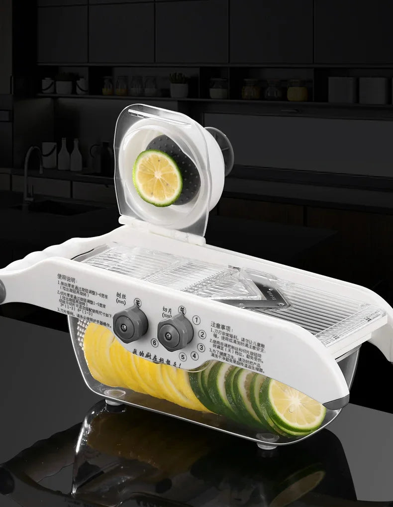 ‌Multifunctional Kitchen Tool: Lemon Slicer, Vegetable Grater & V-Blade Chopper for Fruits, Potatoes – Includes Storage Basket‌