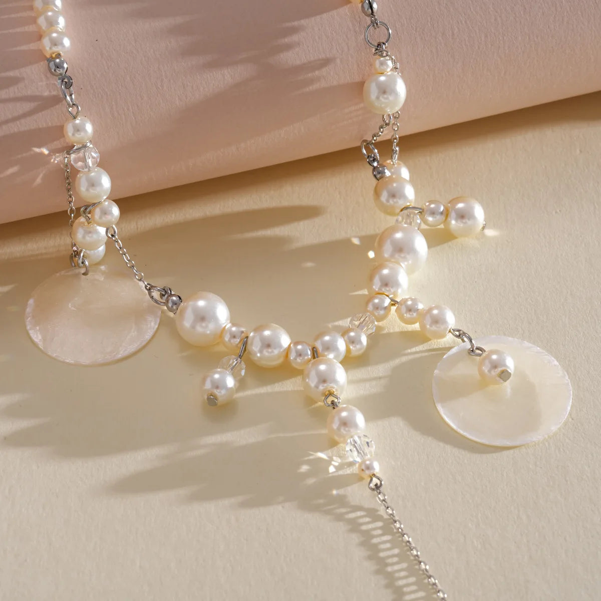 Boho Coin Pearl Necklace – Layered Imitation Pearl Bib Necklace with Disc Charms, Vintage Statement Jewelry for Women