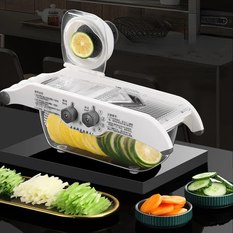 ‌Multifunctional Kitchen Tool: Lemon Slicer, Vegetable Grater & V-Blade Chopper for Fruits, Potatoes – Includes Storage Basket‌