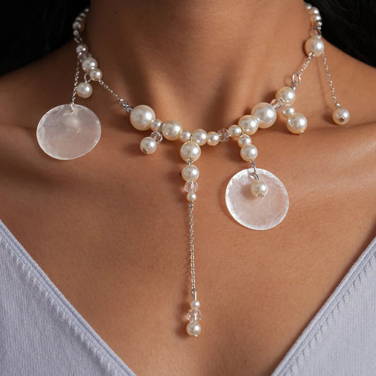 Boho Coin Pearl Necklace – Layered Imitation Pearl Bib Necklace with Disc Charms, Vintage Statement Jewelry for Women