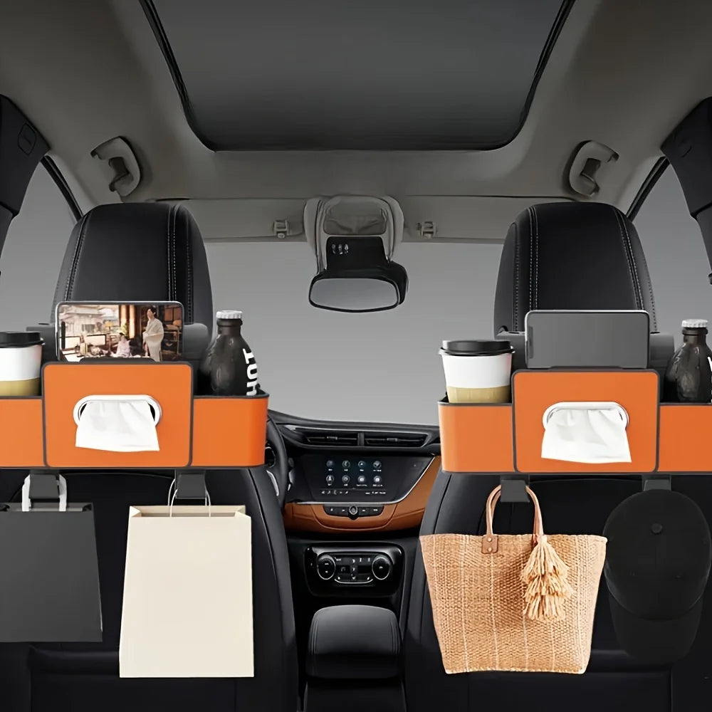 Car Seat Organizer with ABS Box & Tissue Holder. Double Storage for Snacks/Drinks. Easy Install, Durable Resin for All Cars.