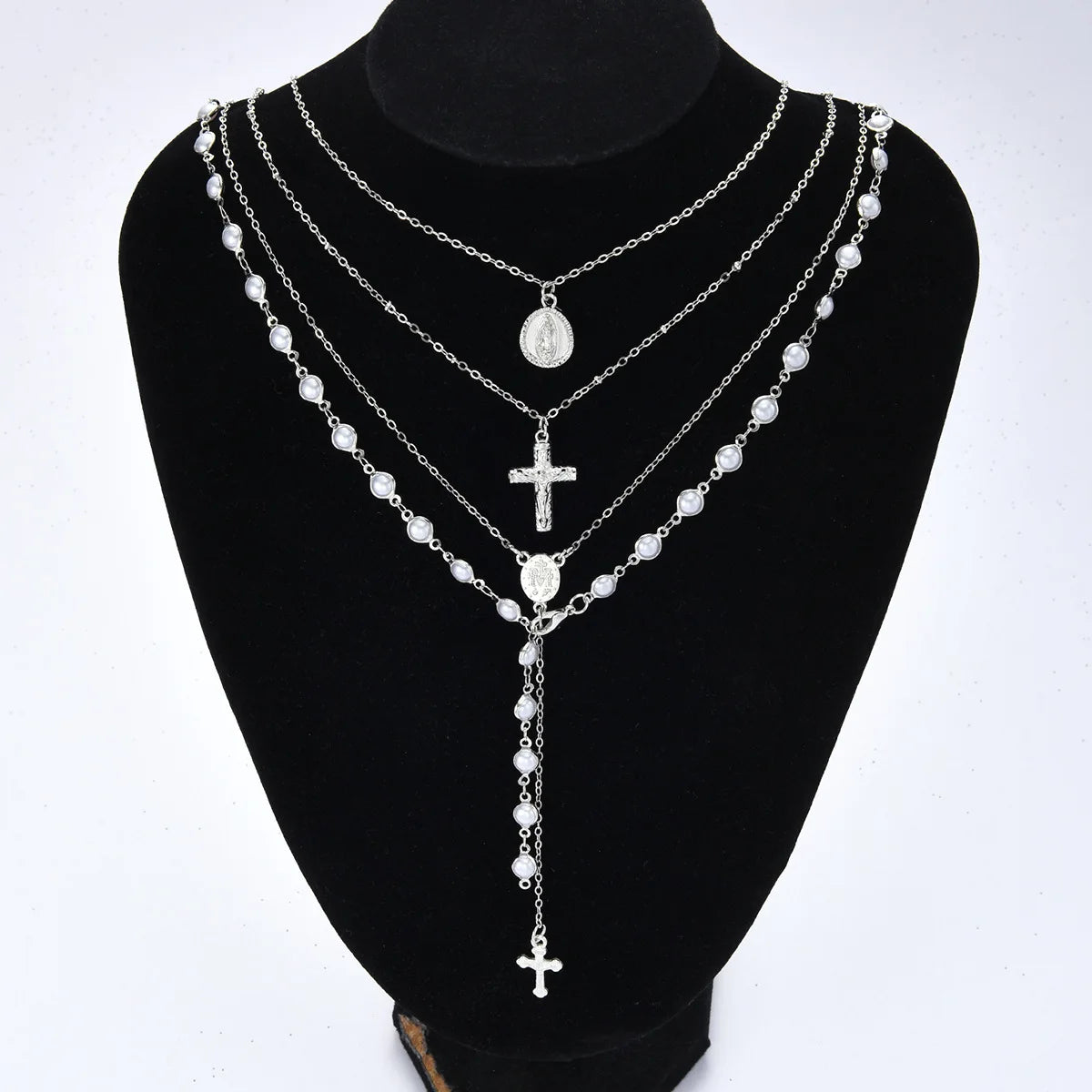 Boho Multi Layer Chain Silver Color Pearl Necklace Women Hip Hop Jesus Cross Pendant Necklace Set Party Neck Jewelry ﻿