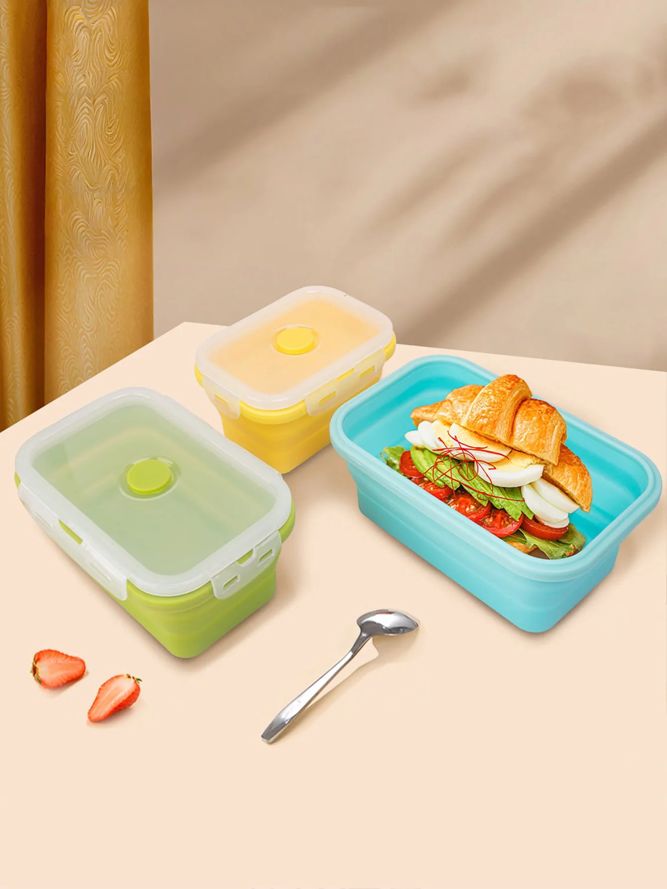 3 Pack Collapsible Silicone Food Storage Container, Lunch Boxes with Clip-on Lid, Stackable, Space Saving, Dishwasher Safe