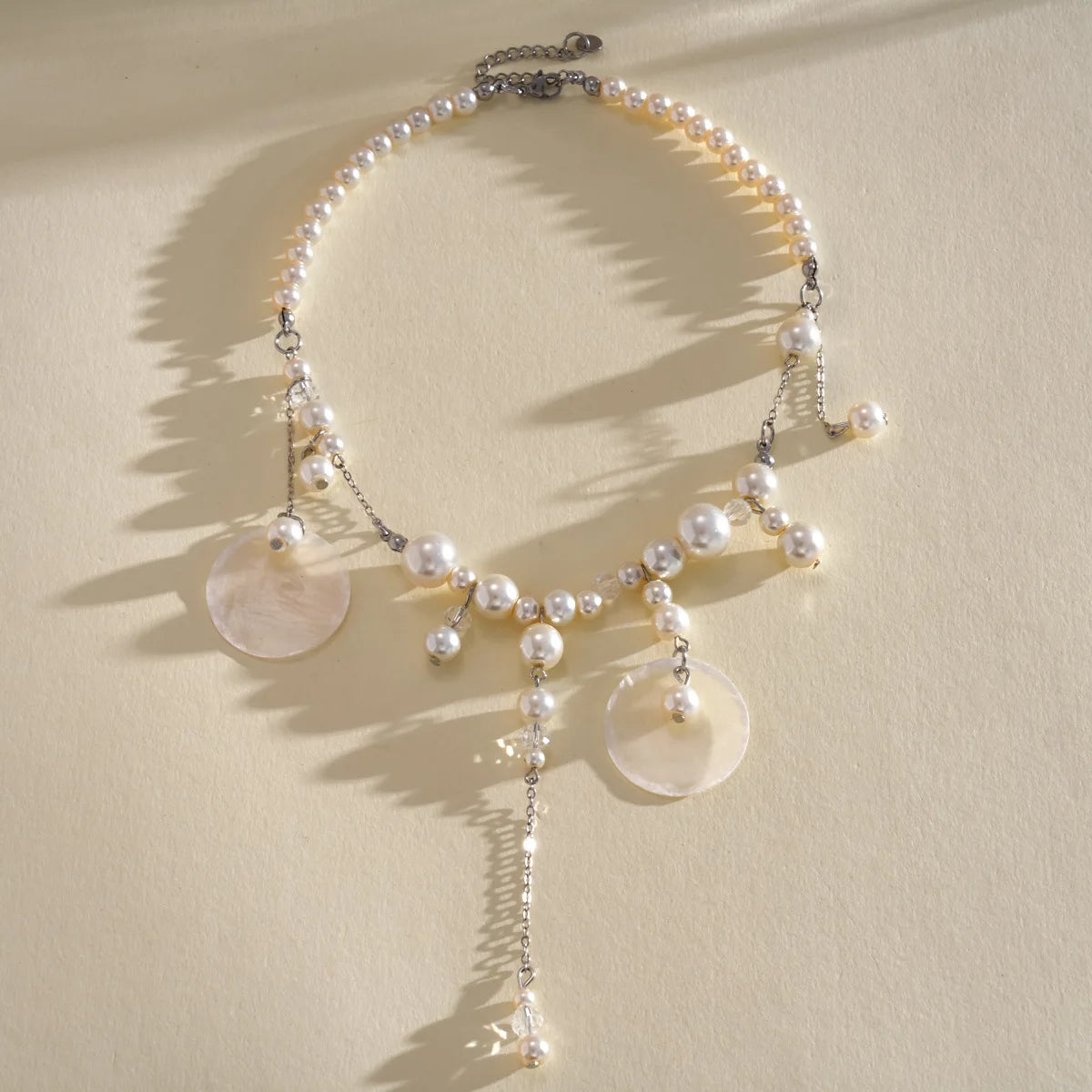 Boho Coin Pearl Necklace – Layered Imitation Pearl Bib Necklace with Disc Charms, Vintage Statement Jewelry for Women