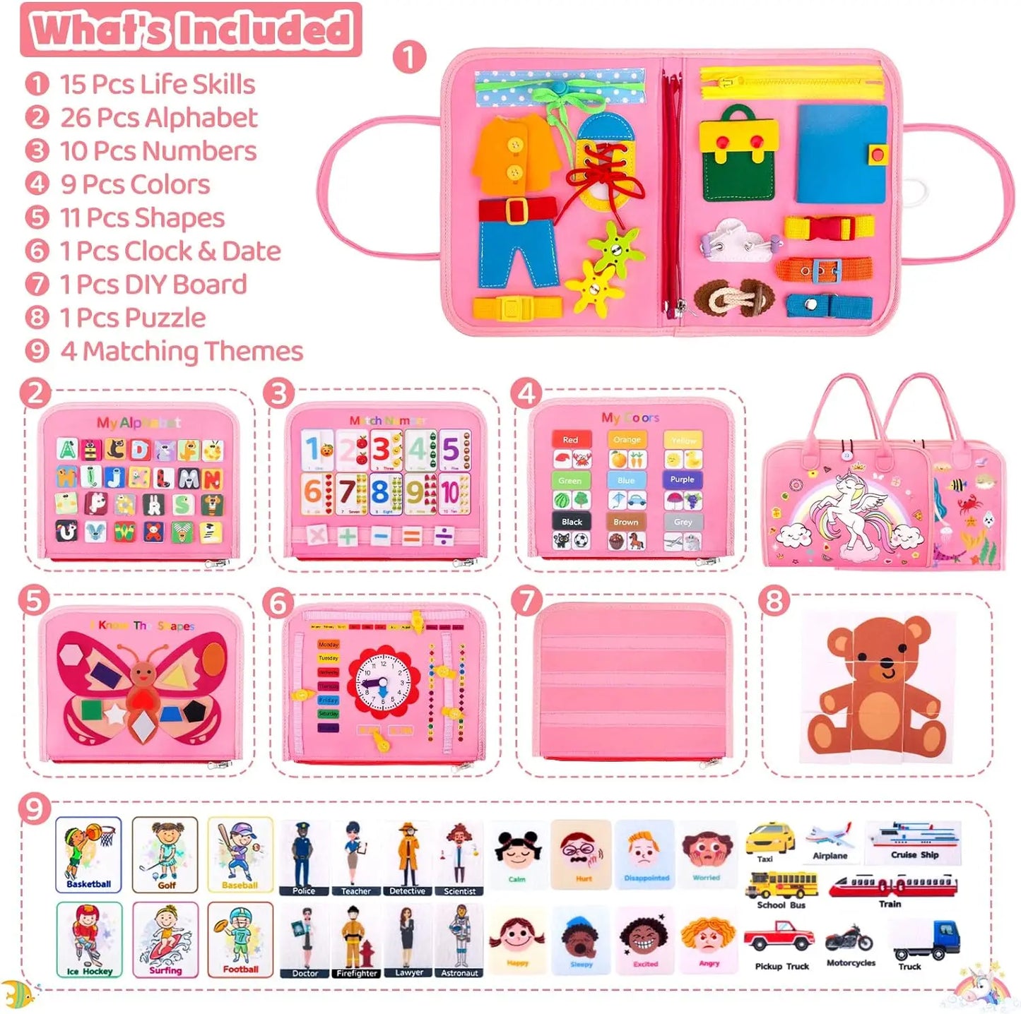 Montessori Toys Busy Board Toddler Sensory Activity Developing Board for Motor Skills， Educational Travel Activity Toys