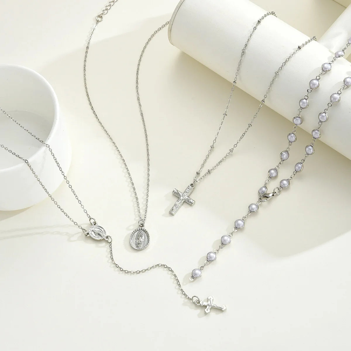 Boho Multi Layer Chain Silver Color Pearl Necklace Women Hip Hop Jesus Cross Pendant Necklace Set Party Neck Jewelry ﻿