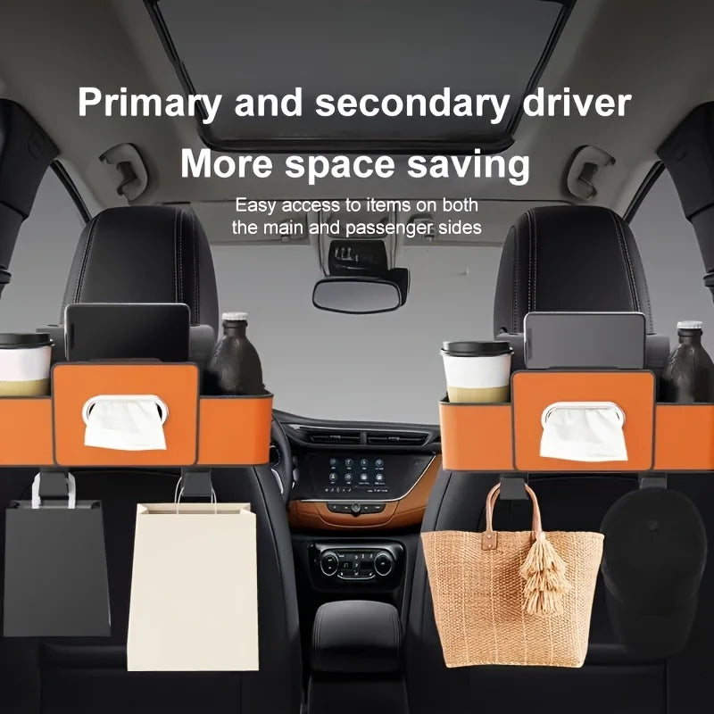 Car Seat Organizer with ABS Box & Tissue Holder. Double Storage for Snacks/Drinks. Easy Install, Durable Resin for All Cars.
