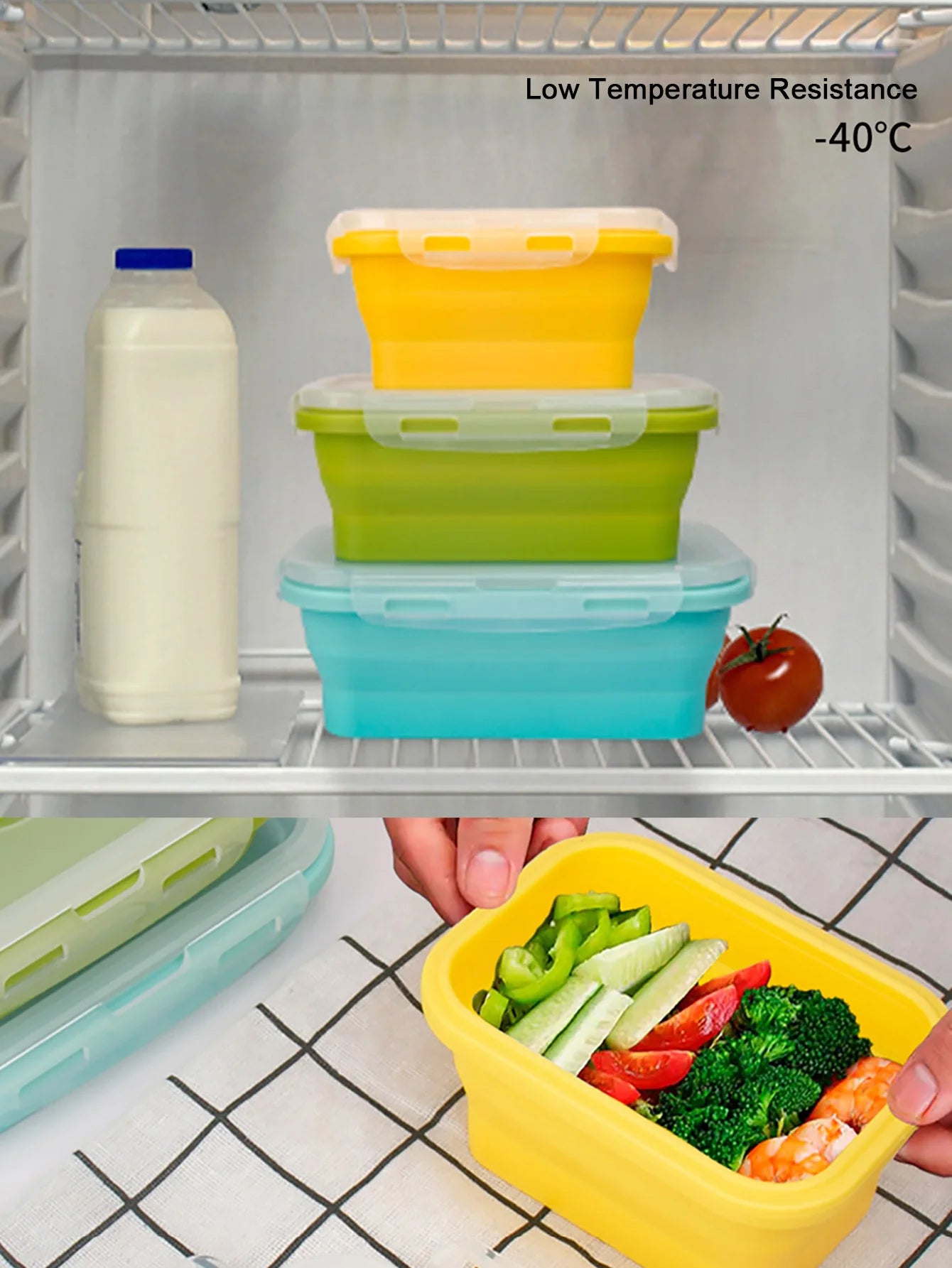 3 Pack Collapsible Silicone Food Storage Container, Lunch Boxes with Clip-on Lid, Stackable, Space Saving, Dishwasher Safe
