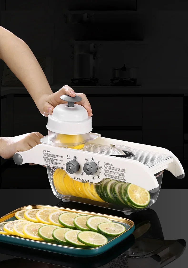 ‌Multifunctional Kitchen Tool: Lemon Slicer, Vegetable Grater & V-Blade Chopper for Fruits, Potatoes – Includes Storage Basket‌