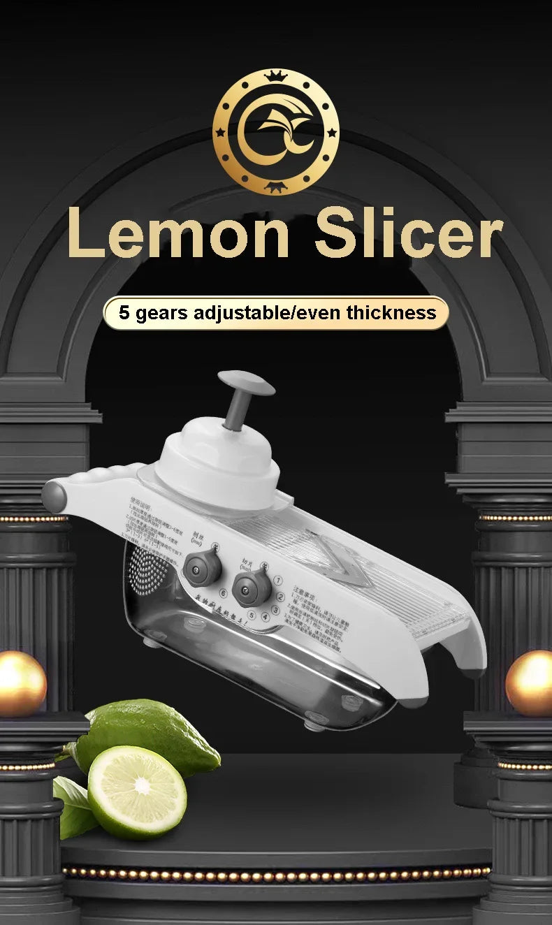 ‌Multifunctional Kitchen Tool: Lemon Slicer, Vegetable Grater & V-Blade Chopper for Fruits, Potatoes – Includes Storage Basket‌