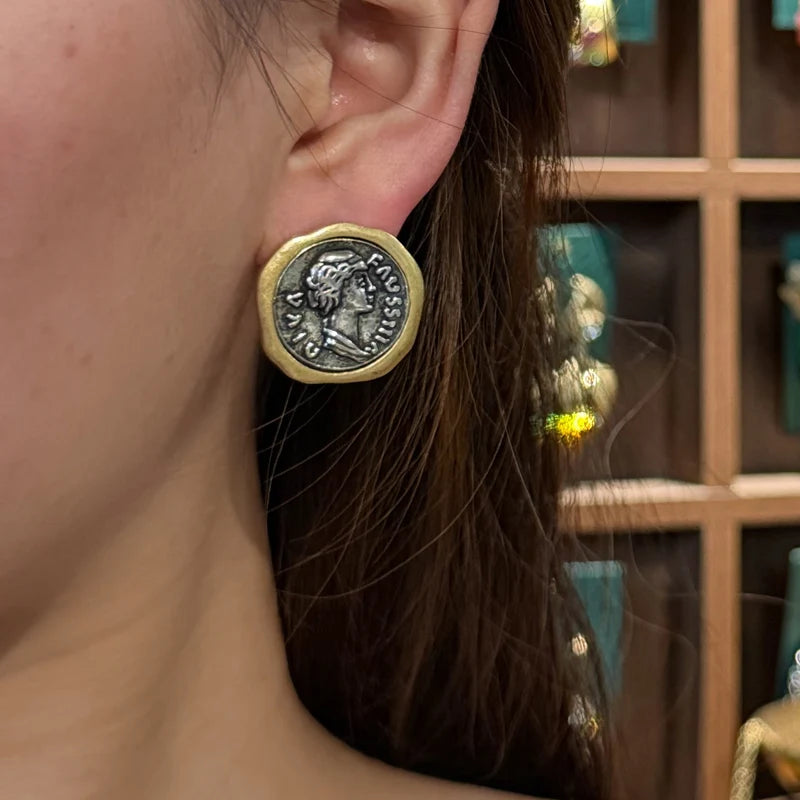 Vintage Style Gold Plated Ancient Coins Stud Earrings For Woman Round Button Shape Luxury Quality Jewelry Designer Gift 2026